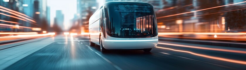 Obraz premium Futuristic bus in motion urban cityscape transportation photography vibrant environment dynamic perspective innovative transit