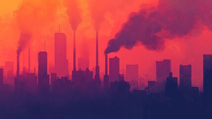Industrial pollution and urban landscape city skyline digital art evening glow wide view environmental awareness