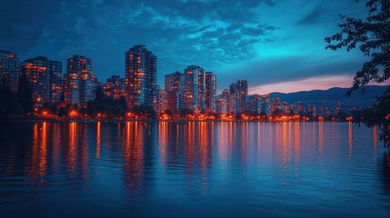 Fototapeta premium A city skyline at twilight with soft streetlights glowing, the sky transitioning to dark blue, and gentle ripples on a nearby lake