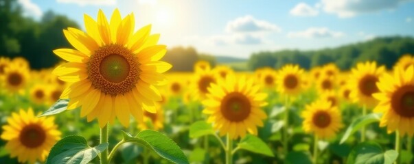 Obraz premium Vibrant sunflower field, sunny day Golden petals, lush green , sunflower, flora, closeup