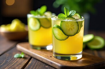 refreshing drinks with cucumber and mint, summer drink concept for cafes, healthy lifestyle menus