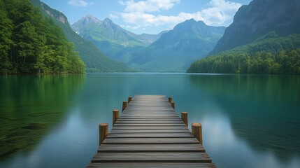 Fototapeta premium Serene wooden pier extending into a tranquil mountain lake under clear blue skies