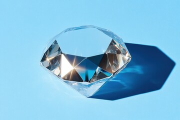 A clear faceted diamond sits against a light blue background