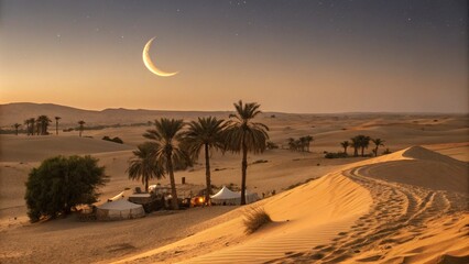 A golden crescent moon glowing over a peaceful desert landscape during Ramzan.