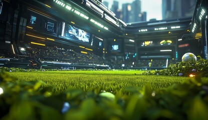 Futuristic stadium soccer field, cityscape background, game