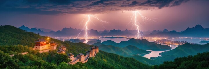 Massive lightning bolt over Chinese mountains at night