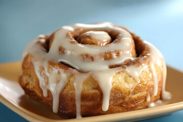 Fresh cinnamon roll with icing on plate, delicious pastry