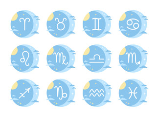 Set of pastel blue zodiac signs with sun, moon, clouds and stars, isolated on a white background. Vector illustration in flat style