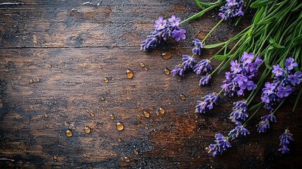 Lavender Blooms Resting on Wet Wooden Surface