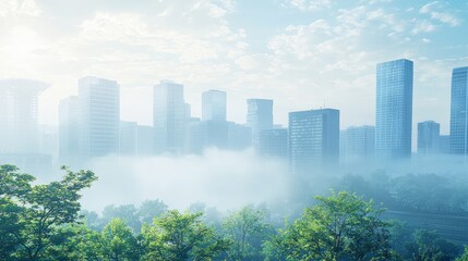 Obraz premium Urban landscape in misty morning light city skyline photography nature aerial view serenity and calmness