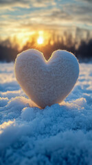 Fototapeta premium Heart-shaped snow sculpture radiates warmth against a glowing winter sunset in a tranquil landscape