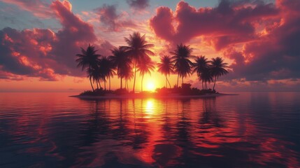 Obraz premium Vibrant sunset over tropical island with palm trees reflecting on calm water