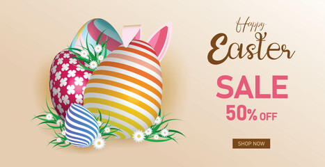 easter sale banner with decorated eggs, bunny ears, and floral elements on pastel background, 50 percent discount promotion