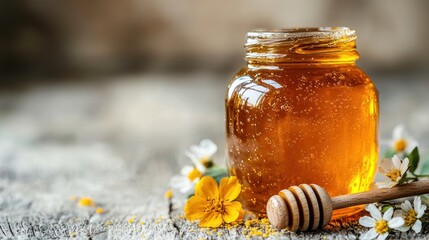Golden Honey In Jar With Flowers And Dipper
