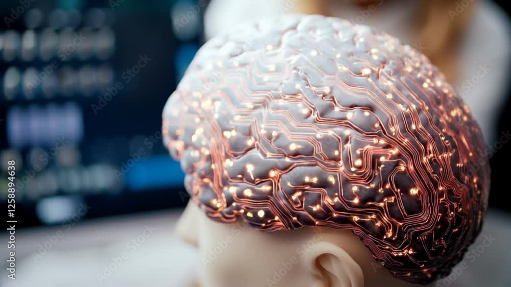 Poster a futuristic brain-chip interface model with glowing neural pathways, representing advancements in n