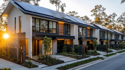 Fototapeta premium A contemporary house with a solar panel-covered roof, representing clean energy and self-sufficient living. The bright, natural lighting highlights the benefits of renewable energy in everyday life.