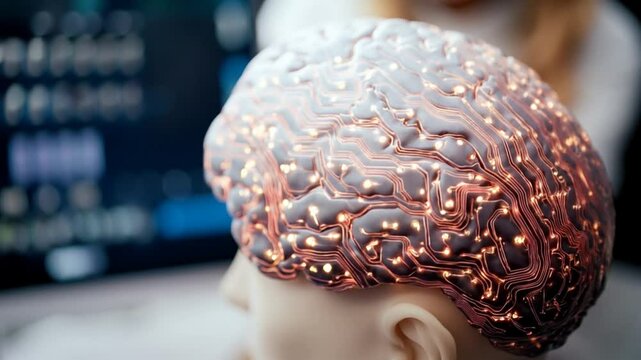 A futuristic brain-chip interface model with glowing neural pathways, representing advancements in neuroscience, AI integration, and brain-computer communication for medical and cognitive research.