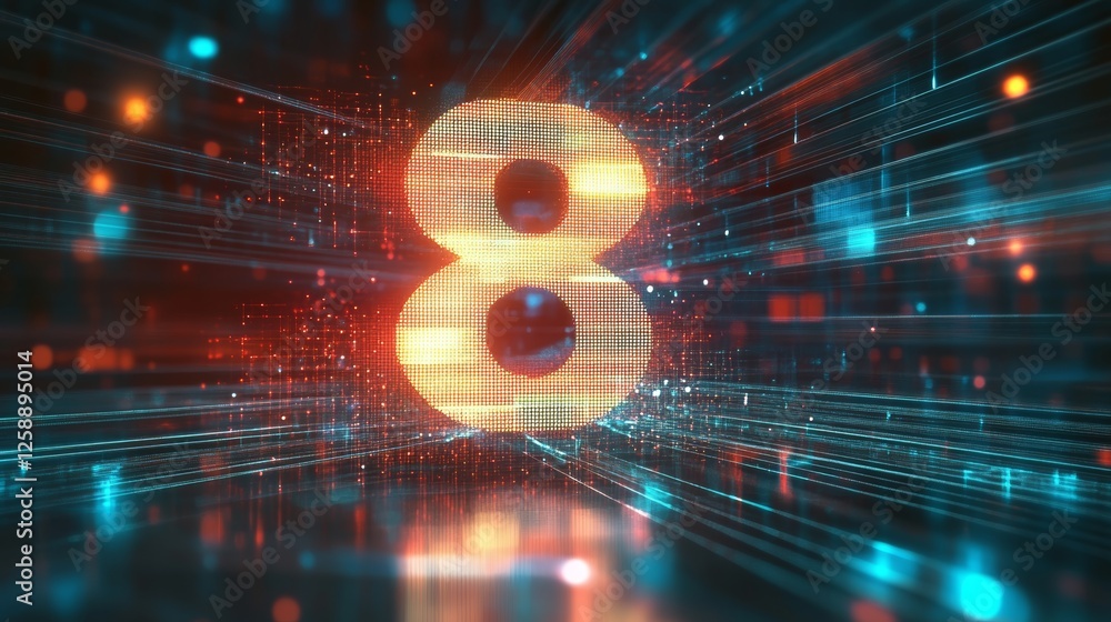 Poster glowing digital big 3d number 8 in futuristic style on abstract technological background