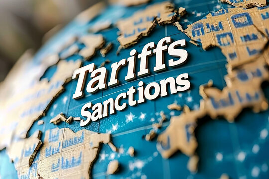 Globe highlighting tariffs and sanctions, symbolizing global trade issues and economic impact