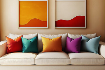 Beige sofa with vibrant colorful pillows near beige wall with two frames. Minimalist interior design of modern living room.