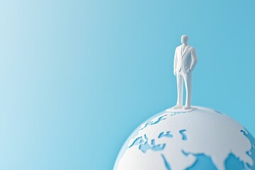 Business leader standing on globe global perspective digital art blue background inspirational viewpoint