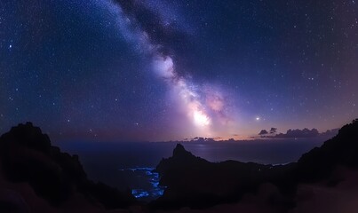 Milky Way Galaxy over the Ocean with Bioluminescence in foreground night sky