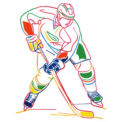 Fototapeta premium Line drawing hockey player art colorful sports vector