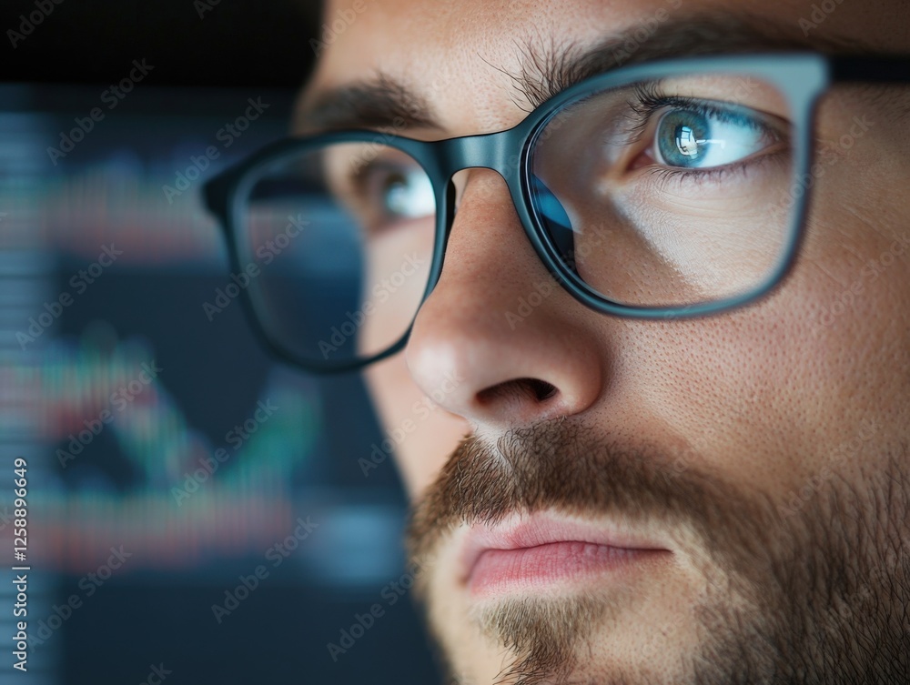 Sticker man wearing glasses looking at computer screen