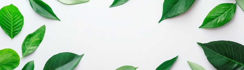 Obraz premium Nature's green palette fresh leaves arrangement on white background botanical art minimalist style top view organic beauty