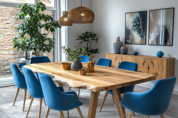 Obraz premium Interior design of modern dining room, wooden table and blue chairs .