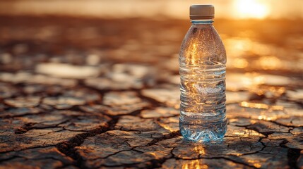 Premium mineral water bottle on dry cracked earth at sunset highlighting water's value