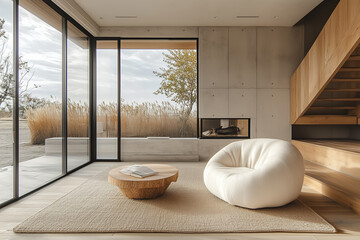 Fototapeta premium Minimalist, japandi interior design of modern living room with accent armchair