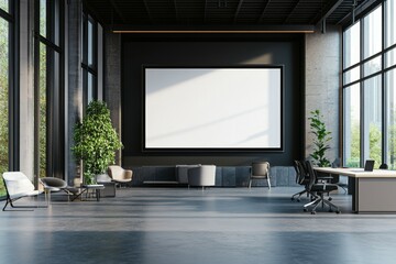 Modern open-plan office with blank presentation screen, natural light, and city view