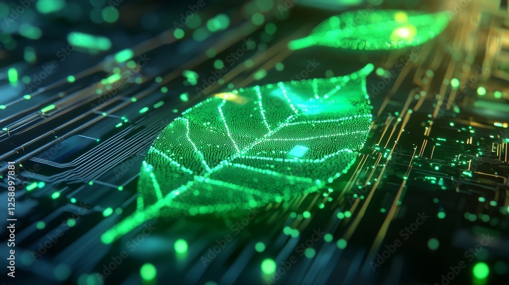 Poster digital greenery merging nature and technology abstract visualization futuristic environment close-u