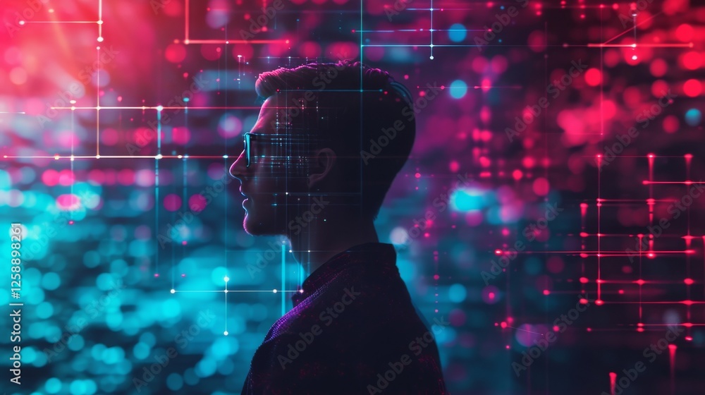Poster silhouette of a person in profile view surrounded by a vivid digital grid in red and blue tones. the