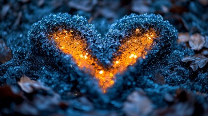 Fototapeta premium Glowing heart-shaped moss in forest, autumn leaves