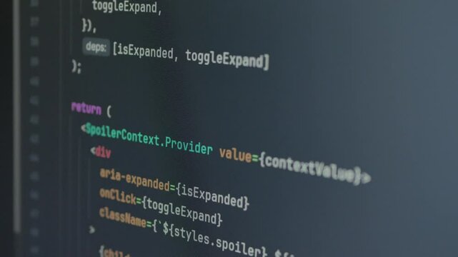 The Program Code Scrolls On The Computer Screen Close up. Programming Javascript, React.js, Next.js, Coding Html Video