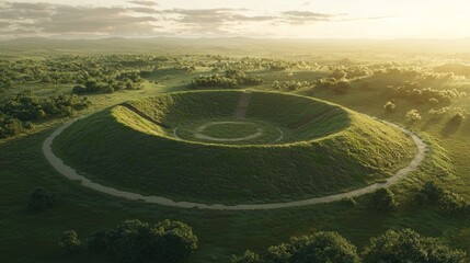 Fototapeta premium Scenic View of Circular Earthen Mounds Surrounded by Lush Landscape