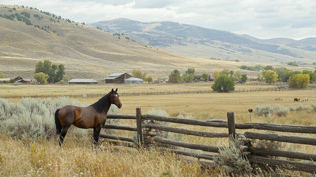 Horse by Fence in Rural Mountain Ranch Setting