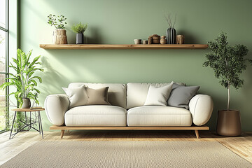 Sofa near wooden shelf against green wall with copy space. Scandinavian interior design of modern living room.