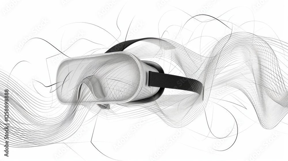 Poster sleek virtual reality headset surrounded by dynamic abstract wave patterns in grayscale, highlightin