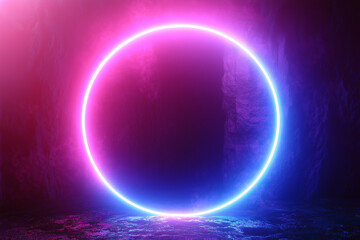 3d render, blue pink neon round frame, circle, ring shape, empty space, ultraviolet light, 80's retro style, fashion show stage, abstract background