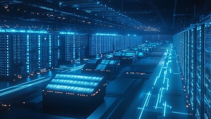 Futuristic Data Center Corridor Servers, Network, Glow