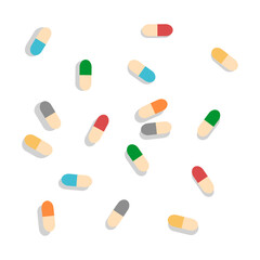 simple multicolored pills capsules lie on the surface and cast a shadow. Vector. Isolated. On a transparent background