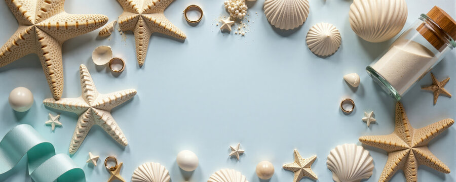 Decorative summer arrangement featuring seashells, starfish, and sand on a light blue background for coastal-themed events