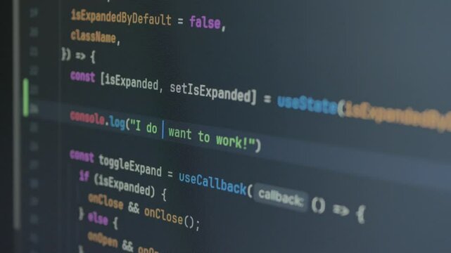 Typing "I want to work" and add "not" in code editor, console. Technology background for software developer and Computer script concept. Programming React.js, Next.js, JavaScript, HTML. Close up video