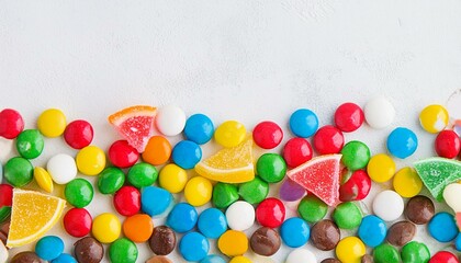 Colorful Candies and Citrus Fruits on Blue Background