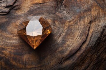 Beautiful golden diamond lying on a textured wooden surface