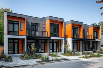 Fototapeta premium Modern modular private townhouses. Residential architecture exterior.
