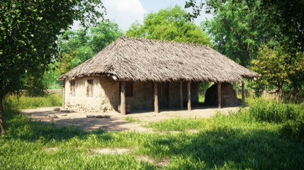 Small Community Meeting Hall Surrounded by Lush Greenery